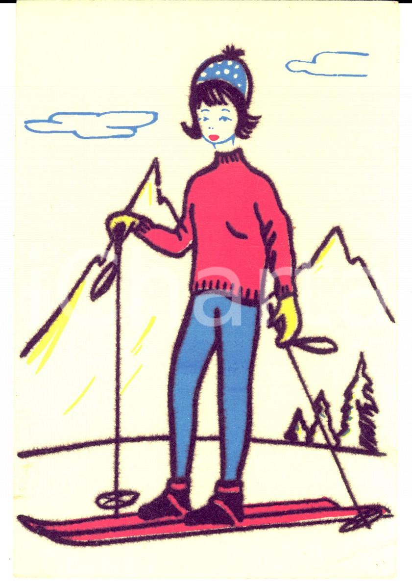 Cartolina originale da collezione 1970 ca SCI Un atleta sulle piste Cartolina VINTAGE RICAMATA 1