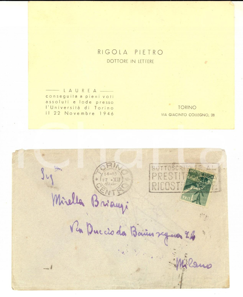 Oggetto da collezione cartaceo 1946 TORINO Biglietto Pietro RIGOLA  Dottore in Lettere a pieni voti assoluti 1