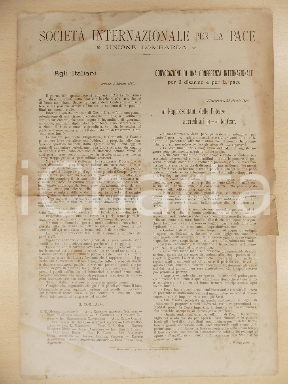 Documento originale, autentico 1899 MILANO SocietÃ  Internazionale per la Pace  Conferenza per il disarmo 1