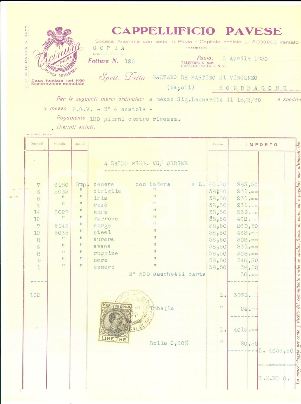 Documento originale, autentico 1930 PAVIA Cappellificio Pavese  Fattura per cappelli con fodera Intestata 1