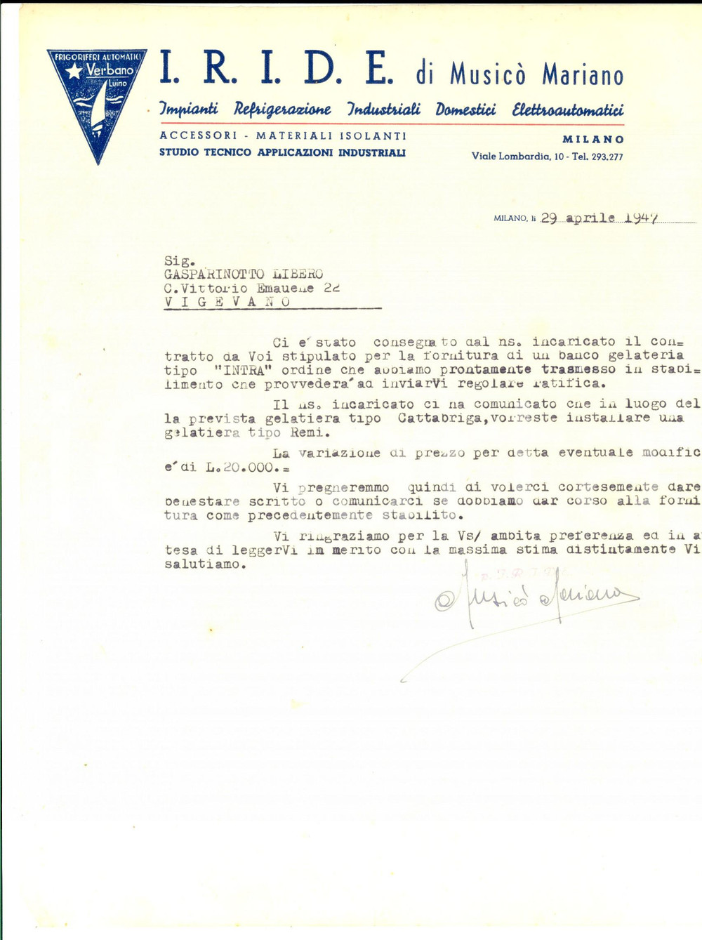 Documento originale, autentico 1947 MILANO Impianti refrigerazione IRIDE di Mariano MUSICÃ’  Banco gelateria 1