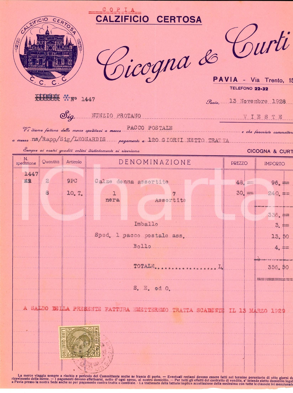 Documento originale, autentico 1928 PAVIA Calzificio CERTOSA  CICOGNA & CURTI Fattura per calze da donna 1
