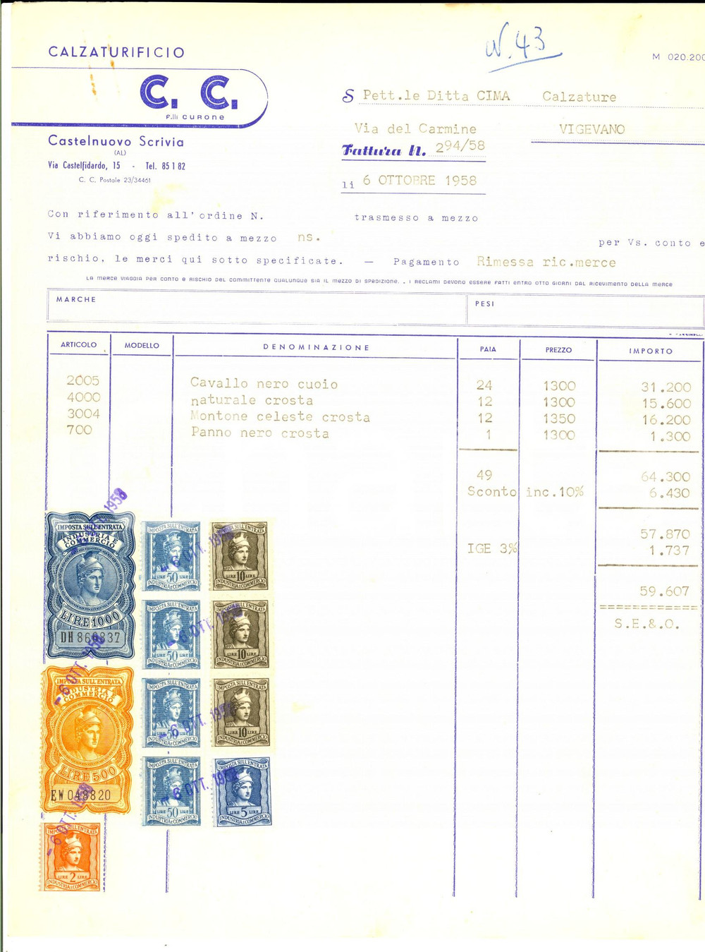 Documento originale, autentico 1958 CASTELNUOVO SCRIVIA AL Calzaturificio C. C. Fratelli CURONE Fattura 1