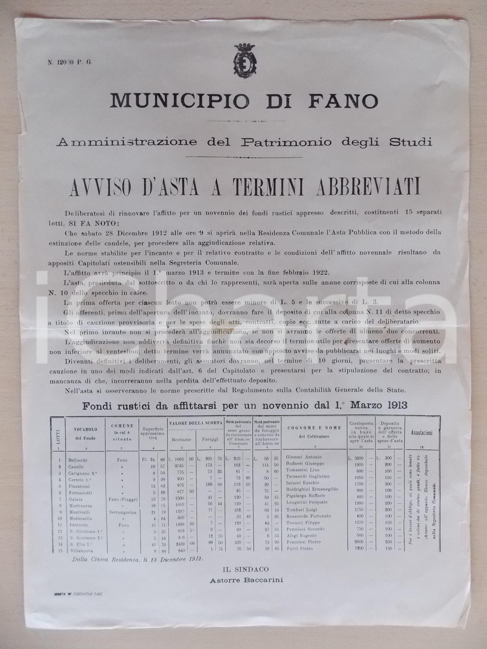 Documento originale, autentico 1912 FANO / SERRUNGARINA Asta di fondi rustici in affitto Manifesto 30 x 42 1