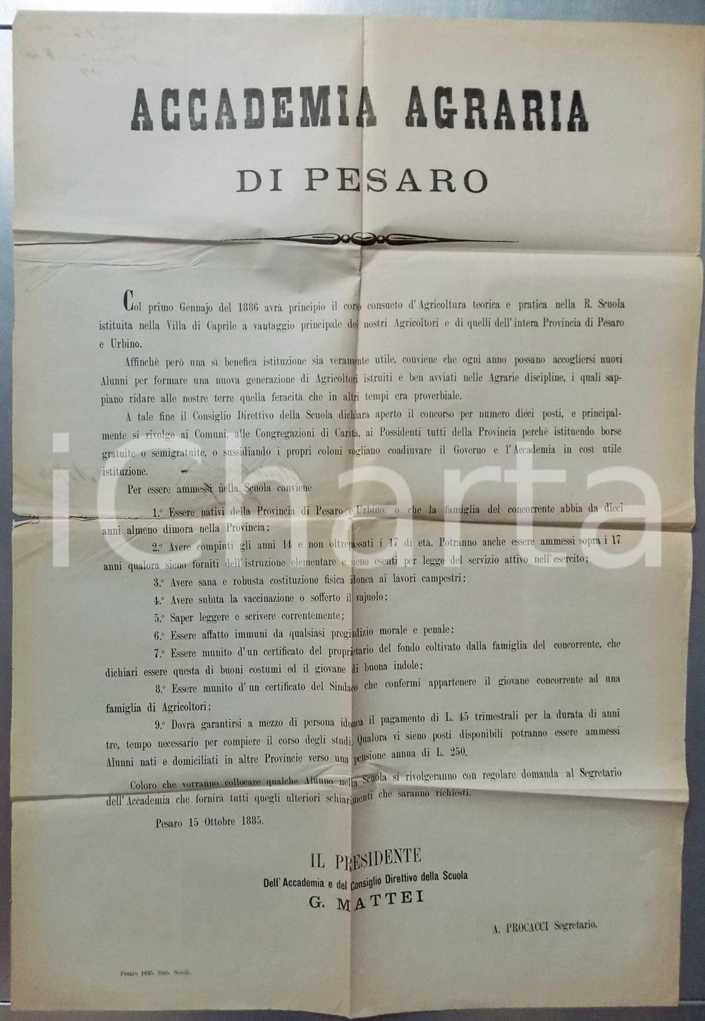 Documento originale, autentico 1885 PESARO Bando di ammissione all ACCADEMIA AGRARIA Manifesto 45x70 cm 1