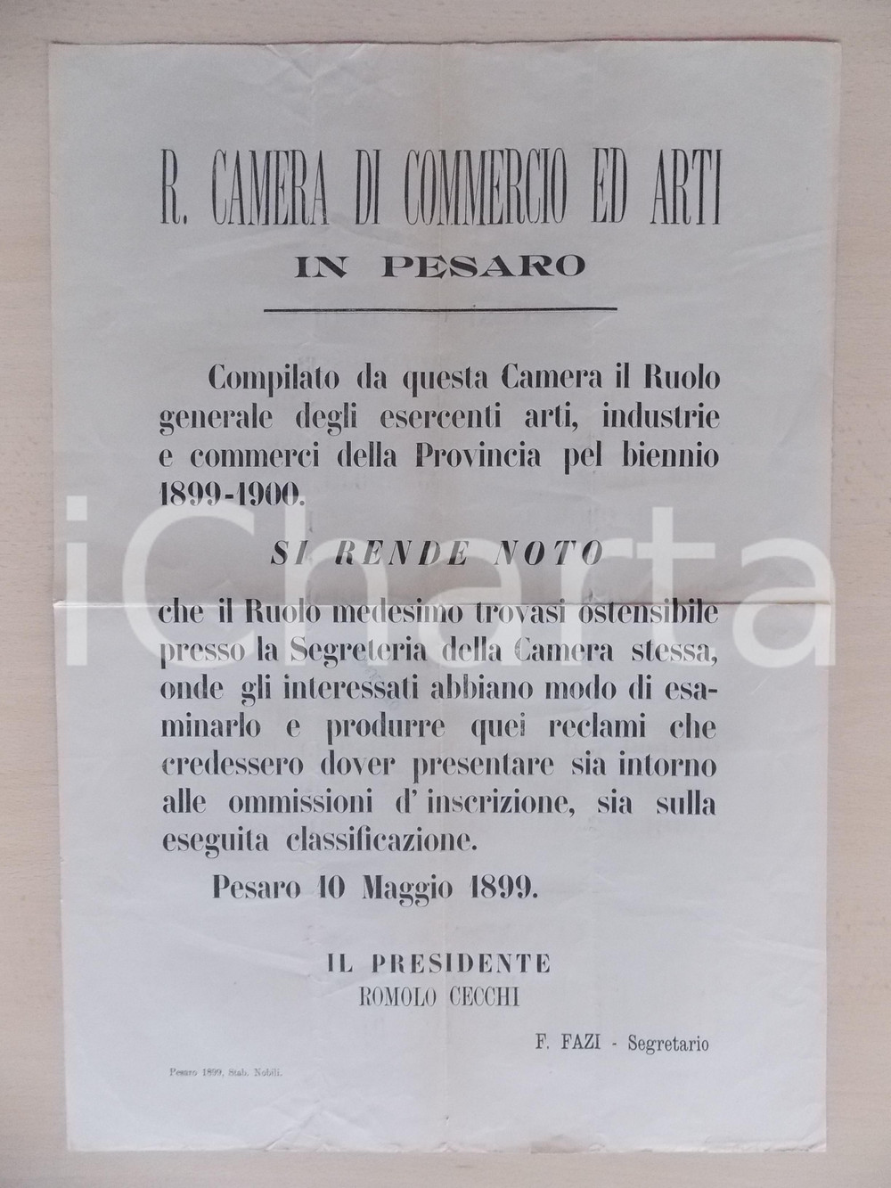 Documento originale, autentico 1889 PESARO CAMERA DI COMMERCIO Ruolo generale degli esercenti Manifesto 35x50 1