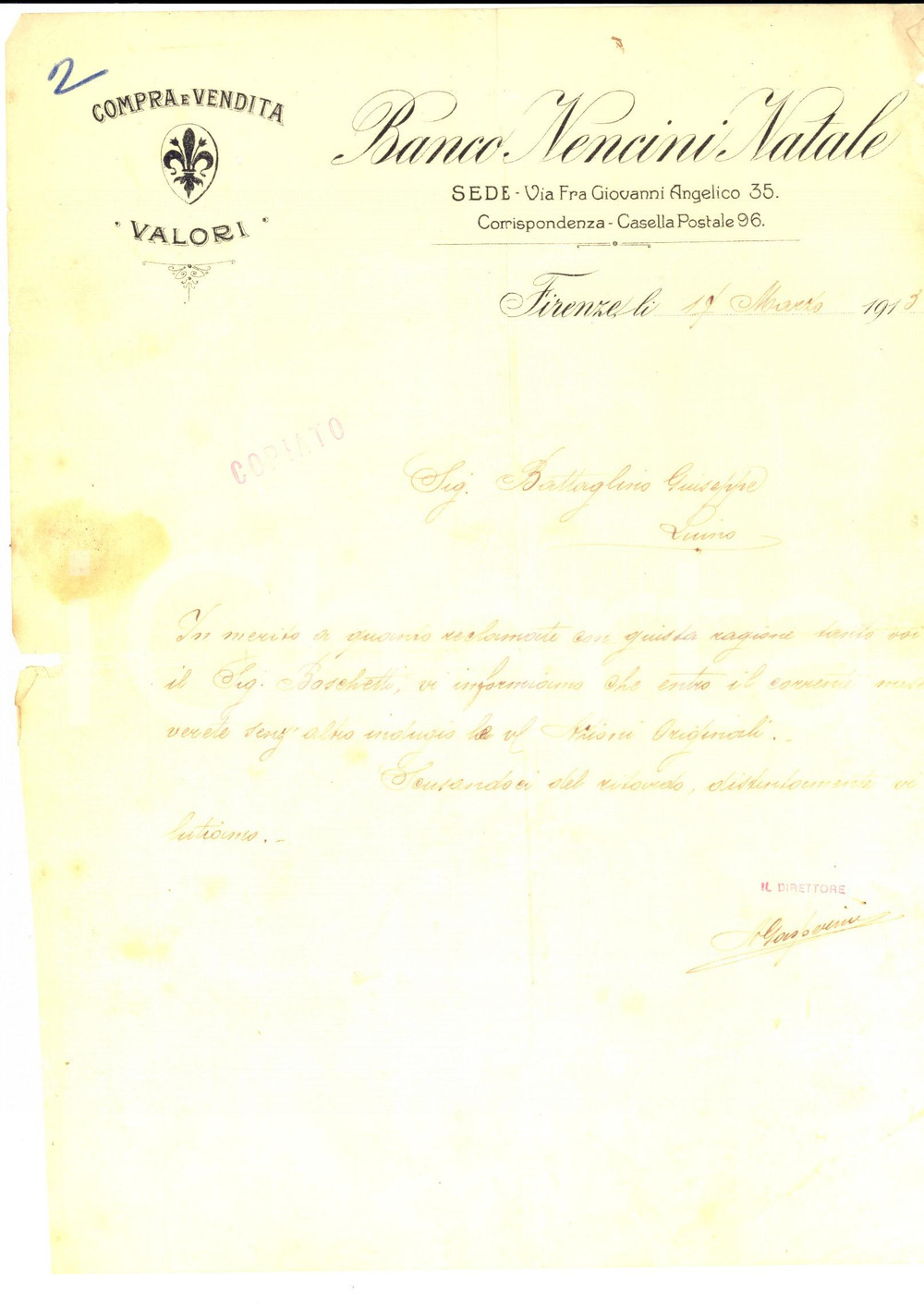 Documento originale, autentico 1913 FIRENZE Banco NENCINI NATALE promette azioni a un cliente Lettera 1