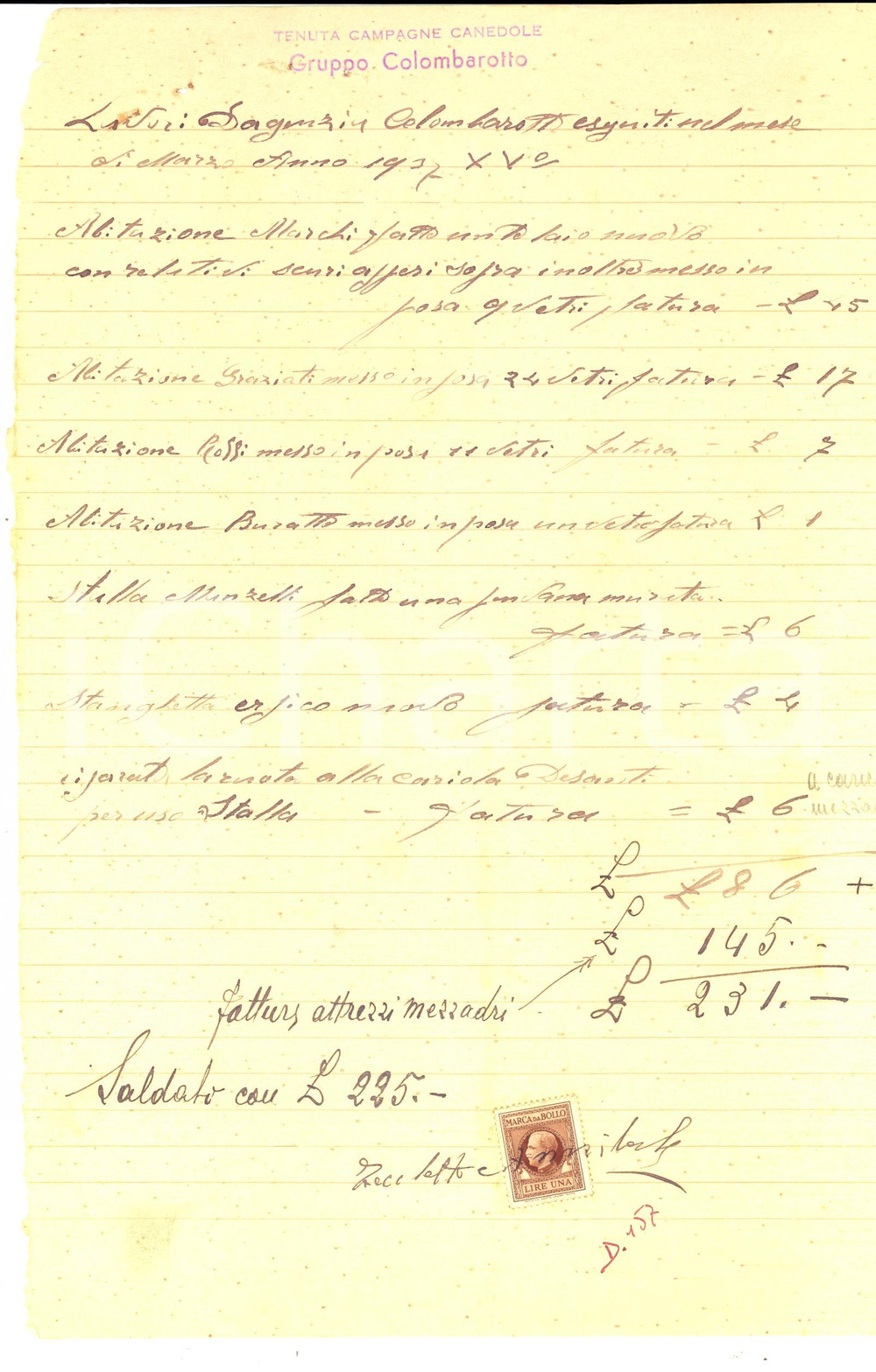 Documento originale, autentico 1937 CANEDOLE MN Conto agenzia COLOMBANOTTO per tenuta barone FRANCHETTI 1