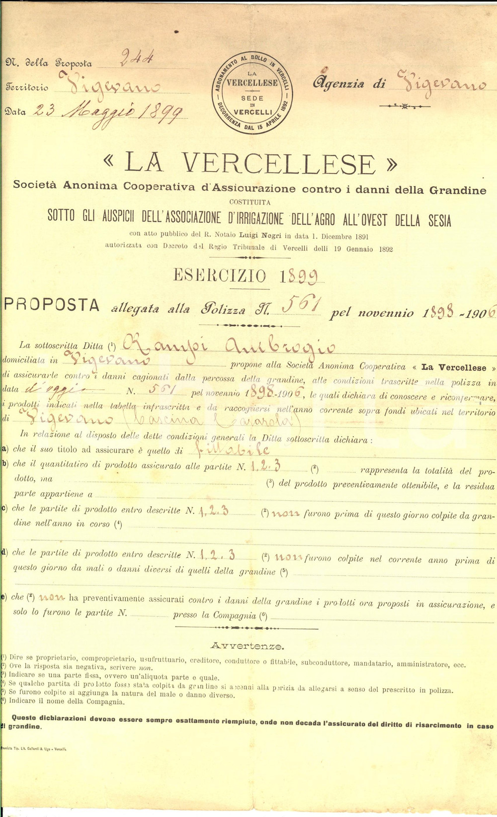 Documento originale, autentico 1899 VIGEVANO PV Proposta polizza LA VERCELLESE assicurazione danni grandine 1