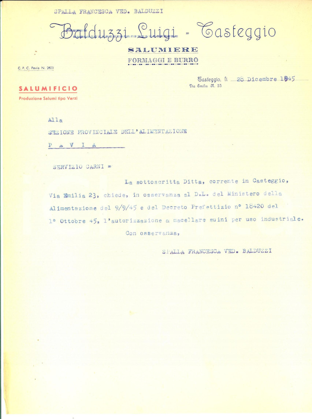 Manoscritto, lettera originale 1945 CASTEGGIO PV Luigi BALDUZZI salumiere  Macellazioni suine Lettera 1