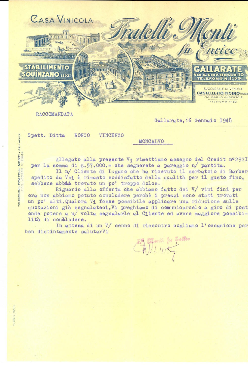 Manoscritto, lettera originale 1948 GALLARATE VA Casa vinicola FRATELLI MONTI fu Enrico su offerta vini 1