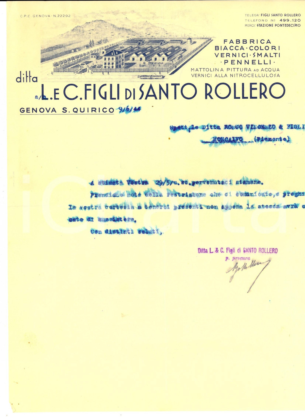 Manoscritto, lettera originale 1940 ca GENOVA SAN QUIRICO Ditta L. E. C. di Santo ROLLERO vernici Lettera 1
