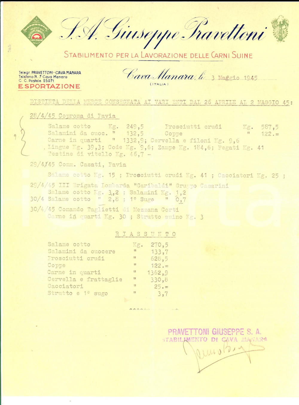 Manoscritto, lettera originale 1945 CAVA MANARA PV Ditta Giuseppe PRAVETTONI su consegne di salame Lettera 1