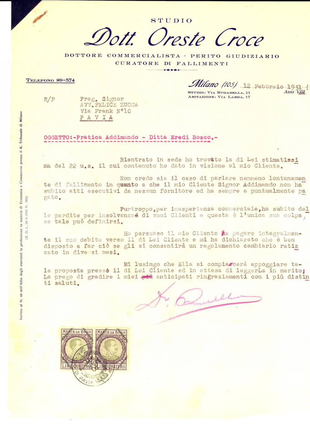 Manoscritto, lettera originale 1931 MILANO Oreste CROCE sul presunto fallimento di un commerciante Lettera 1
