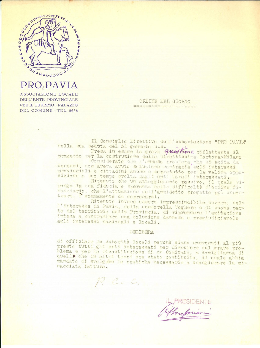 Manoscritto, lettera originale 1950 ca Associazione PRO PAVIA Ordine del giorno  Direttissima TORTONA  MILANO 1