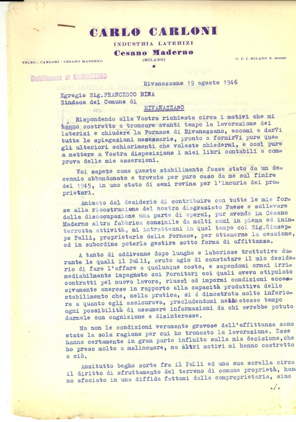 Documento originale, autentico 1946 RIVANAZZANO TERME PV Carlo CARLONI e il fallimento della propria fornace 1