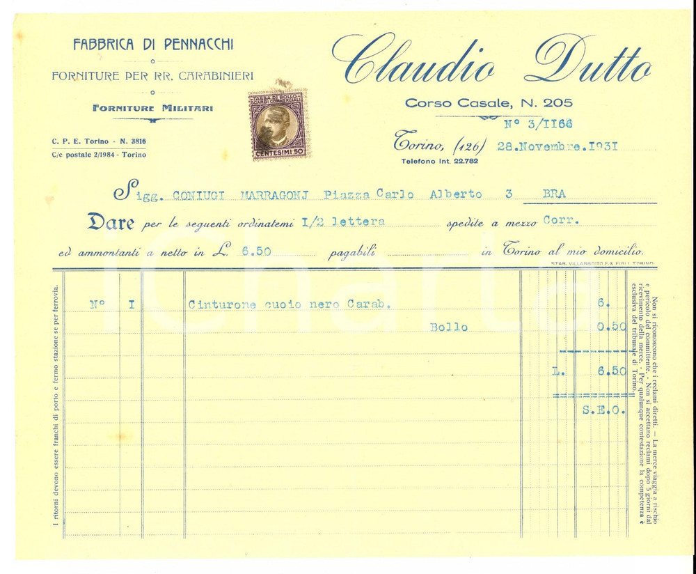 Documento originale, autentico 1931 TORINO Claudio DUTTO Fabbrica pennacchi e forniture Carabinieri Fattura 1