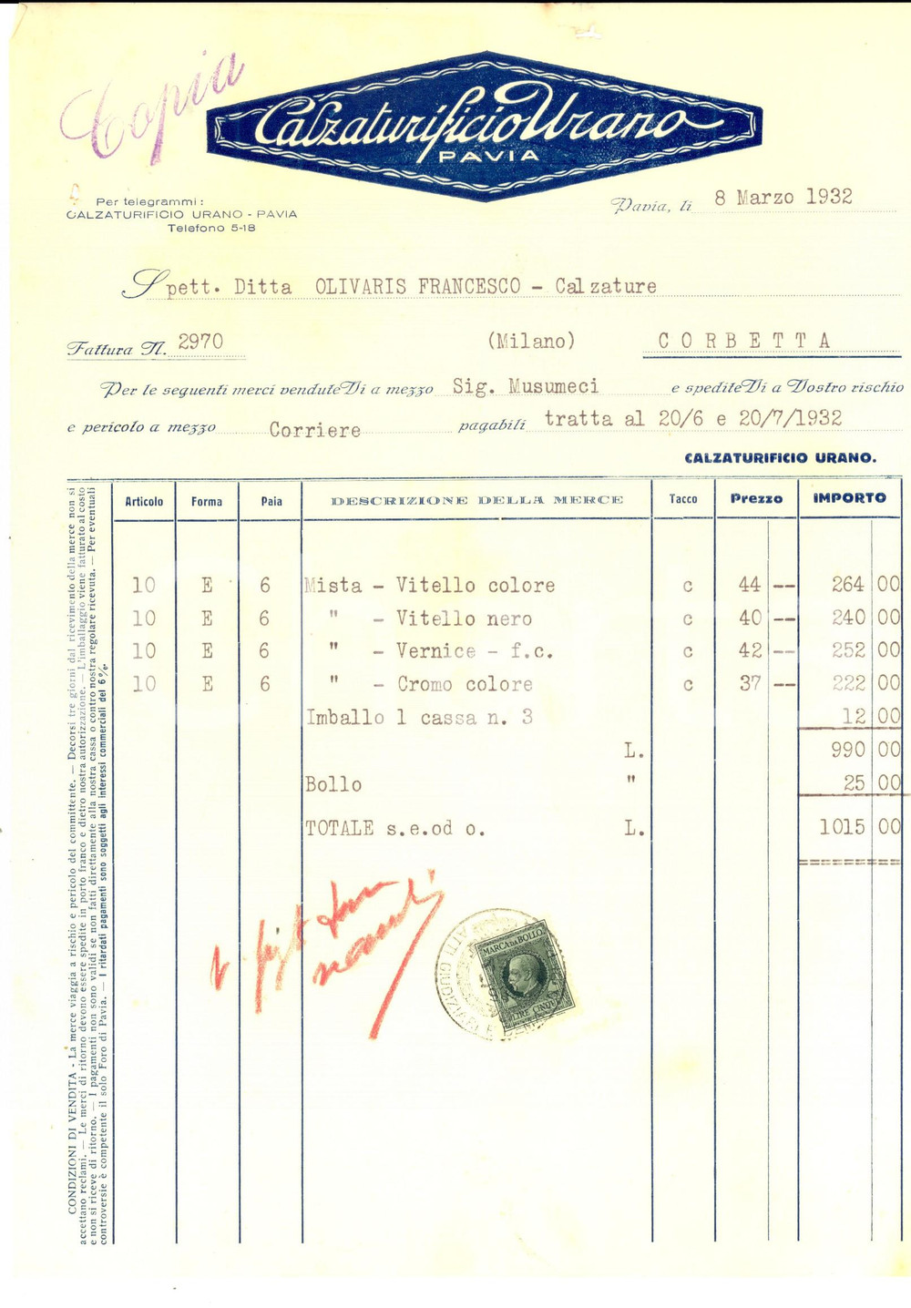 Documento originale, autentico 1932 PAVIA Calzaturificio URSUS Fattura intestata per scarpe in vitello 1