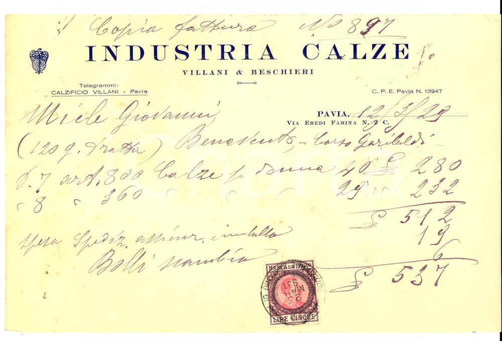 Documento originale, autentico 1929 PAVIA Industria calze VILLANI & BESCHIERI Nota su carta intestata 1