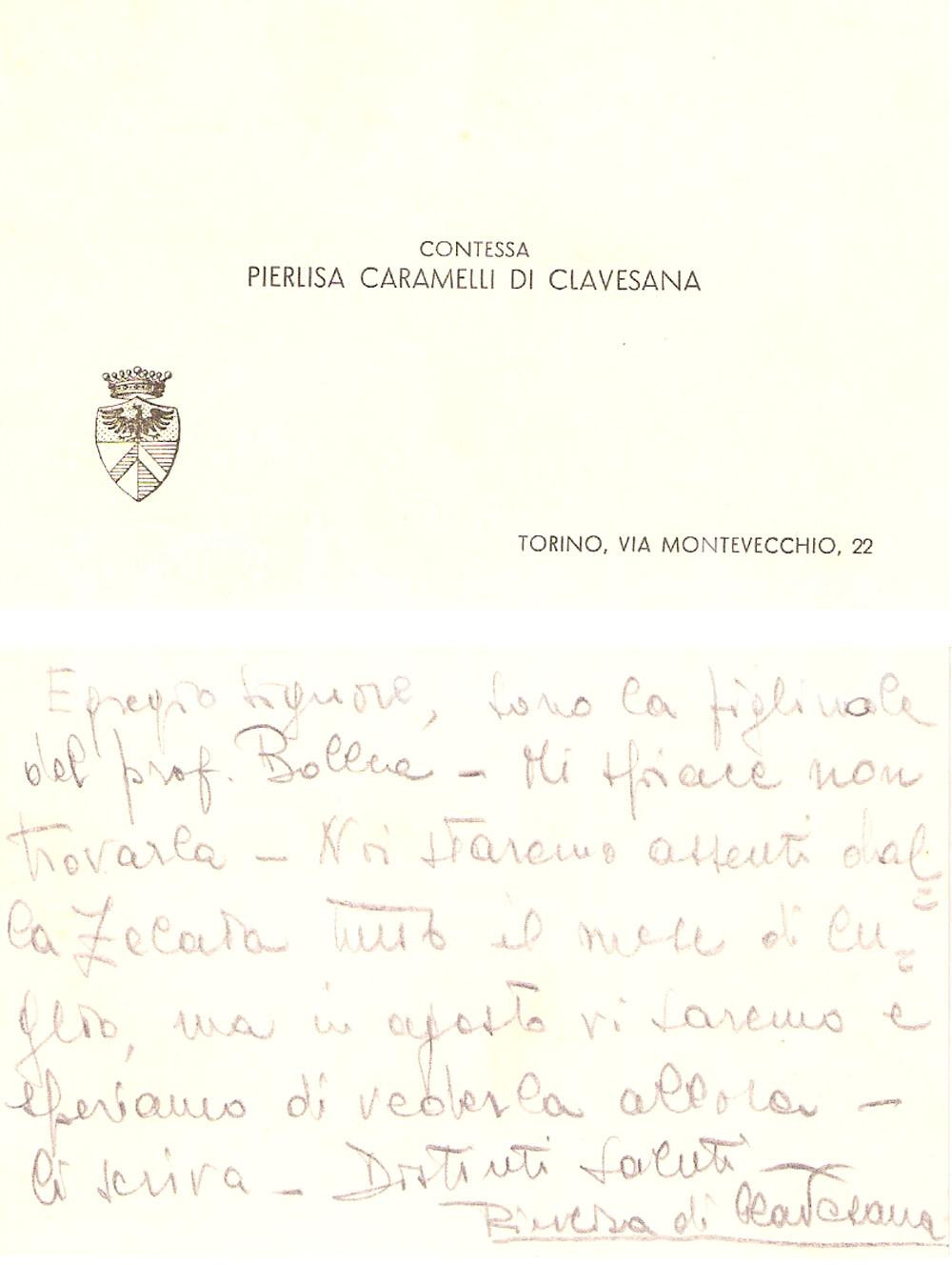 Autografo originale 1940 ca TORINO Contessa Pierlisa CARAMELLI DI CLAVESANA Biglietto con AUTOGRAFO 1