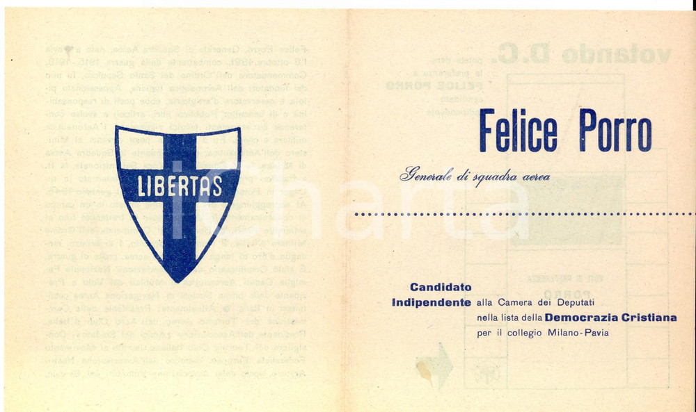 Materiale pubblicitario d’epoca 1948 PAVIA Elezioni politiche  DEMOCRAZIA CRISTIANA Felice PORRO Volantino 1