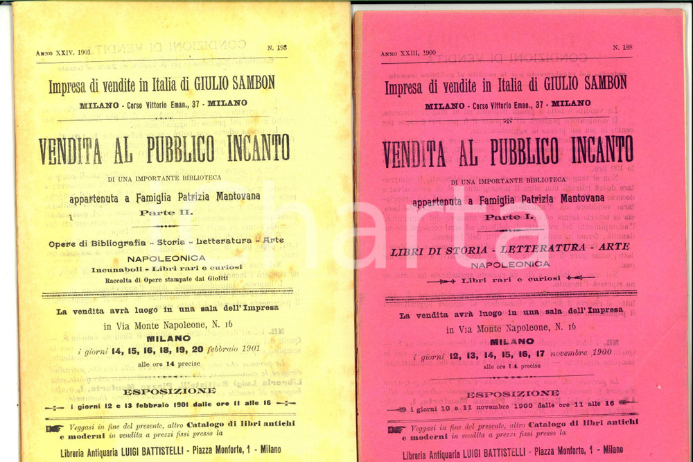 Documento originale, autentico 1900 MILANO GIULIO SAMBON Cataloghi asta libri napoleonici di famiglia mantovana 1
