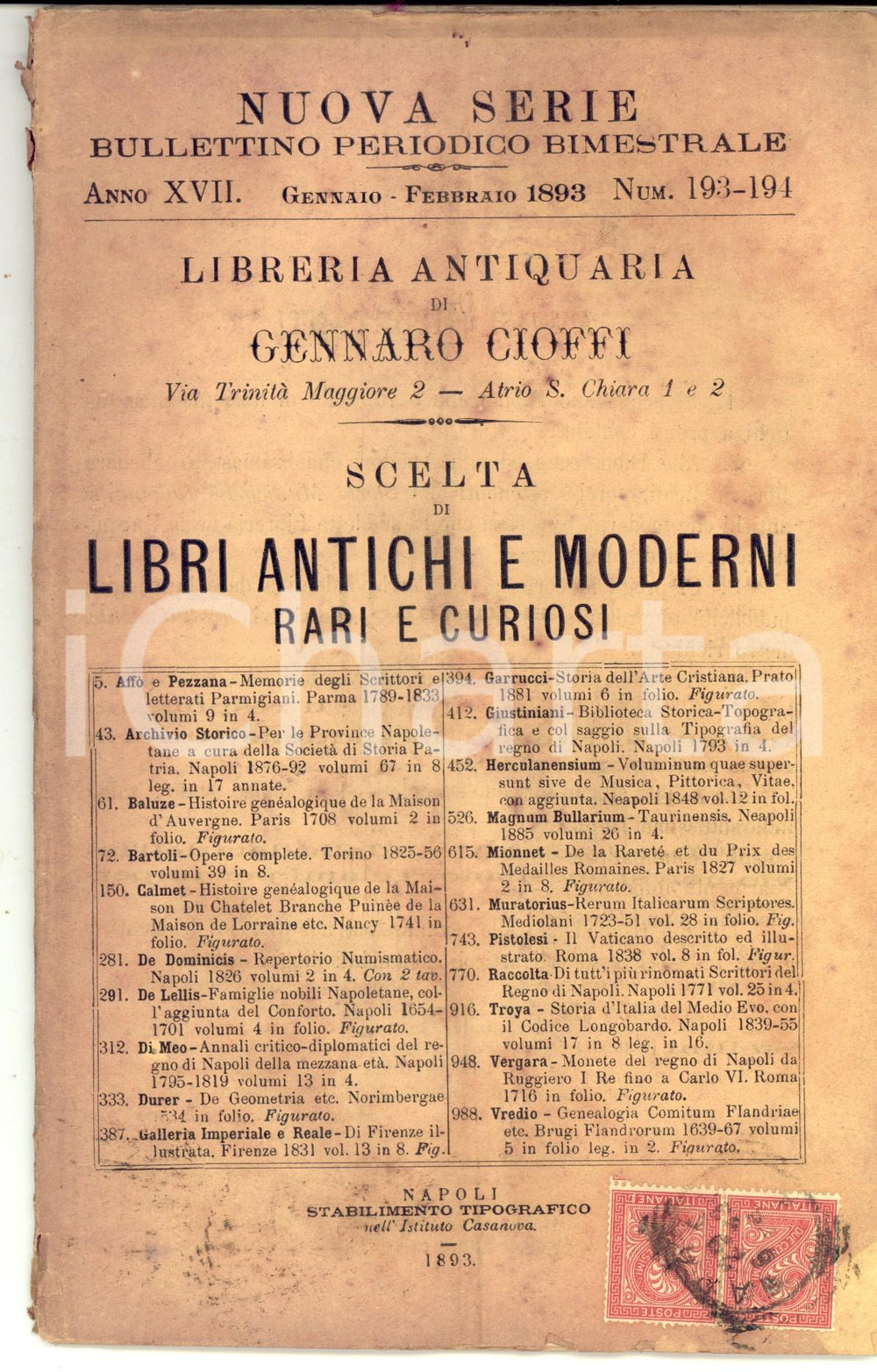 Libro, pubblicazione d epoca 1893 NAPOLI Libreria Gennaro CIOFFI Libri antichi e moderni rari nÂ°193194 1