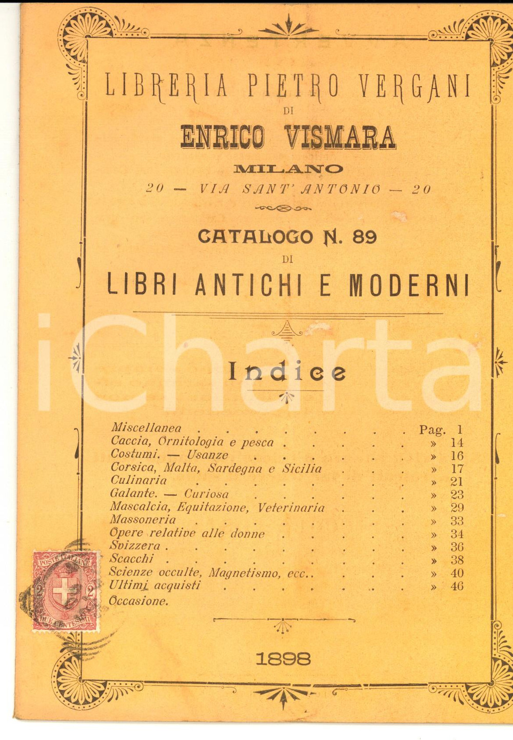 1898 MILANO Libreria Pietro VERGANI Enrico VISMARA Libri antichi e moderni n° 89