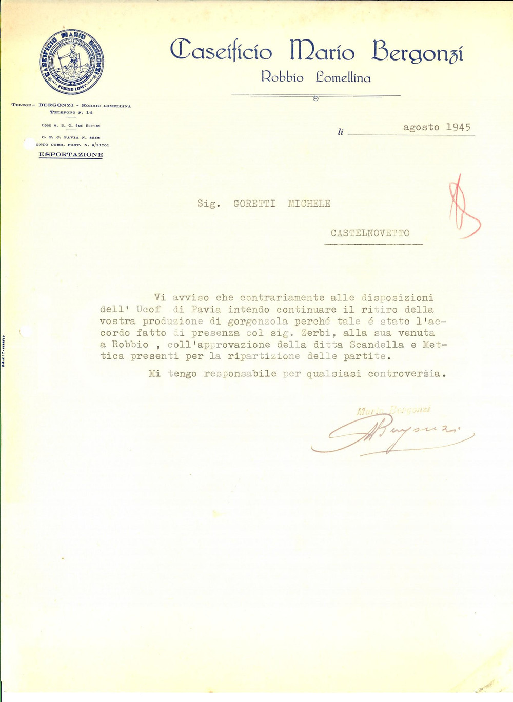 Documento originale, autentico 1945 ROBBIO LOMELLINA PV Caseificio Mario BERGONZI su ritiro gorgonzola 1