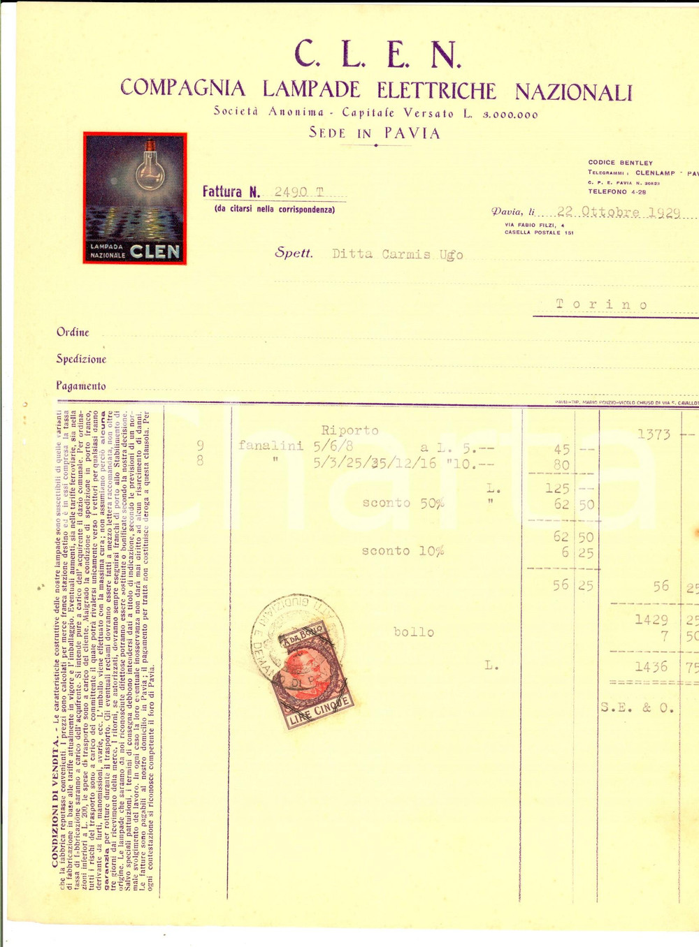 Documento originale, autentico 1929 PAVIA Ditta C. L.E.N. Compagnia Lampade Elettriche Nazionali Fattura 1