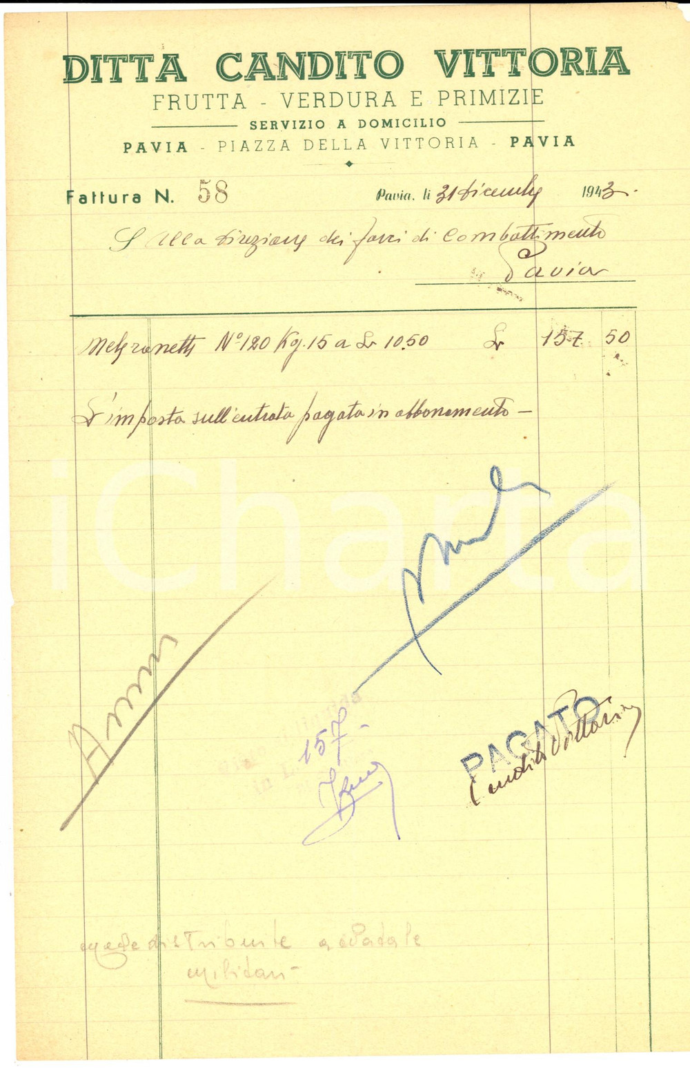 Documento originale, autentico 1943 RSI PAVIA Ditta Vittoria CANDITO Frutta, verdura e primizie Fattura 1