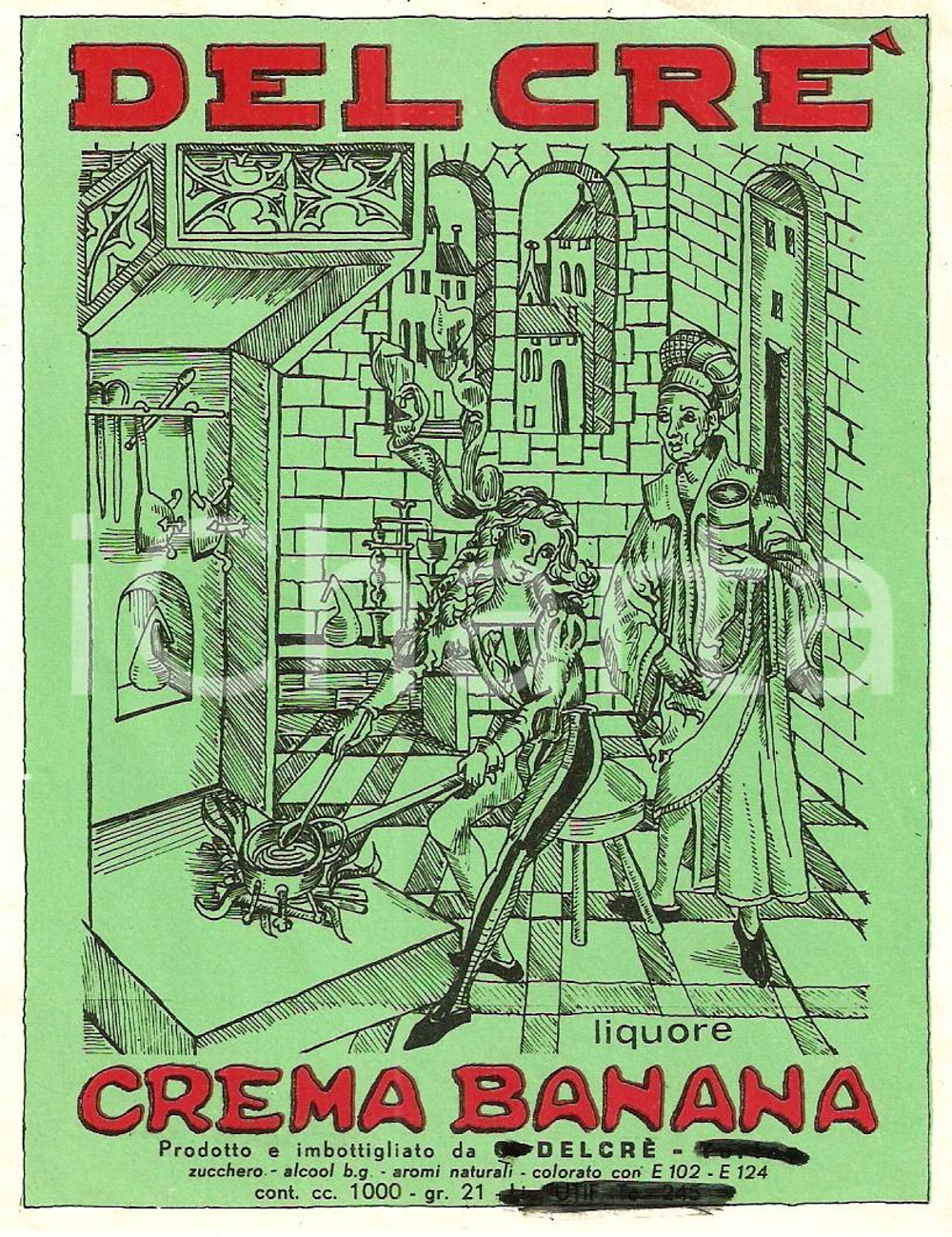Materiale pubblicitario d’epoca 1965 ca DELCRE  Liquore CREMA BANANA  Etichetta ILLUSTRATA 1