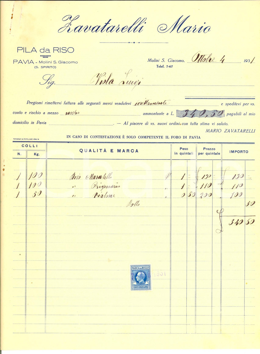 Documento originale, autentico 1931 PAVIA MOLINI SAN GIACOMO Mario ZAVATTARELLI Fattura intestata per riso 1