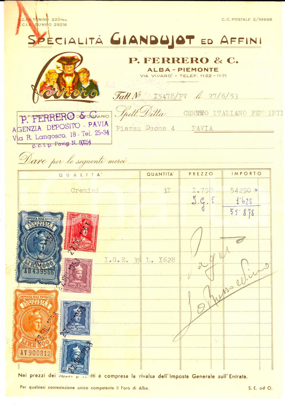 Materiale pubblicitario d’epoca 1953 ALBA CN Ditta FERRERO SpecialitÃ  giandujot Fattura intestata per cremini 1