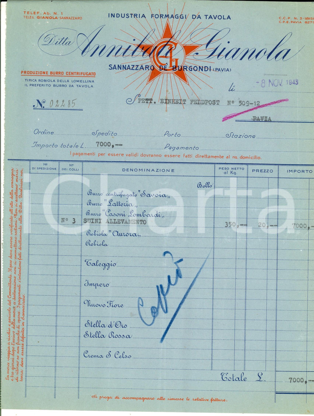 Materiale pubblicitario d’epoca 1943 SANNAZZARO DE  BURGONDI PV Ditta Annibale GIANOLA su consegne di suini 1