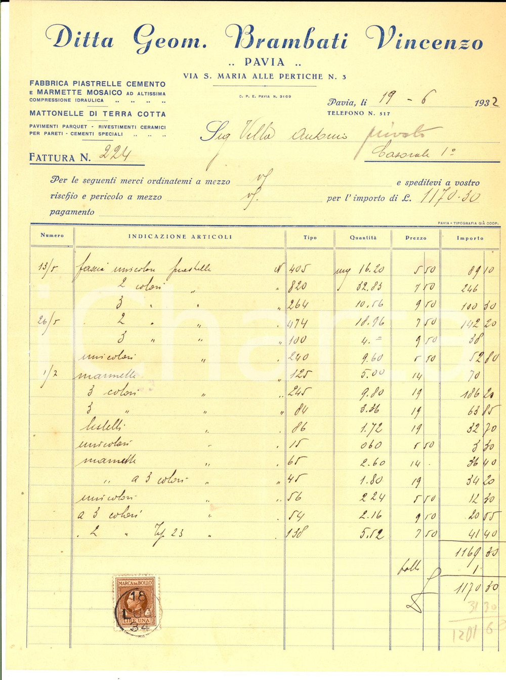 Documento originale, autentico 1932 PAVIA Ditta geom. Vincenzo BRAMBATI Fabbrica piastrelle Fattura intestata 1