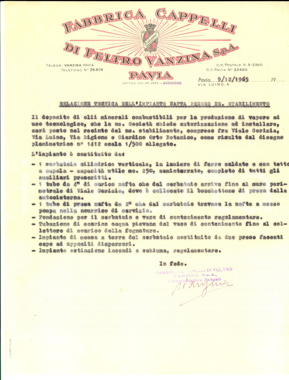 Documento originale, autentico 1965 PAVIA Fabbrica cappelli di feltro VANZINA  Impianto nafta Lettera 1