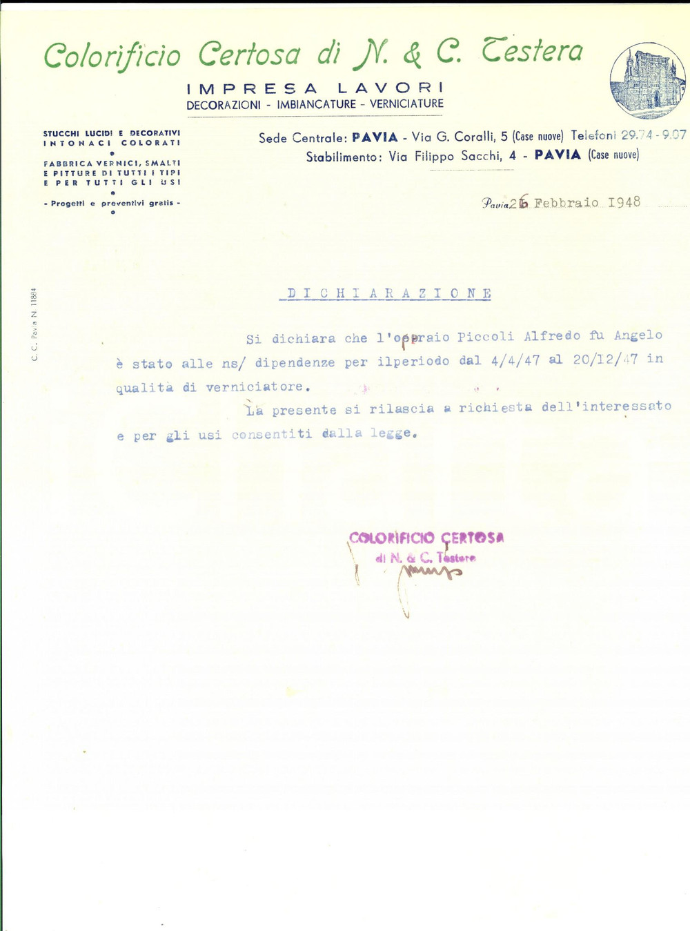 Manoscritto, lettera originale 1948 PAVIA Colorificio CERTOSA di N. & C: TESTERA  Lettera su un operaio 1