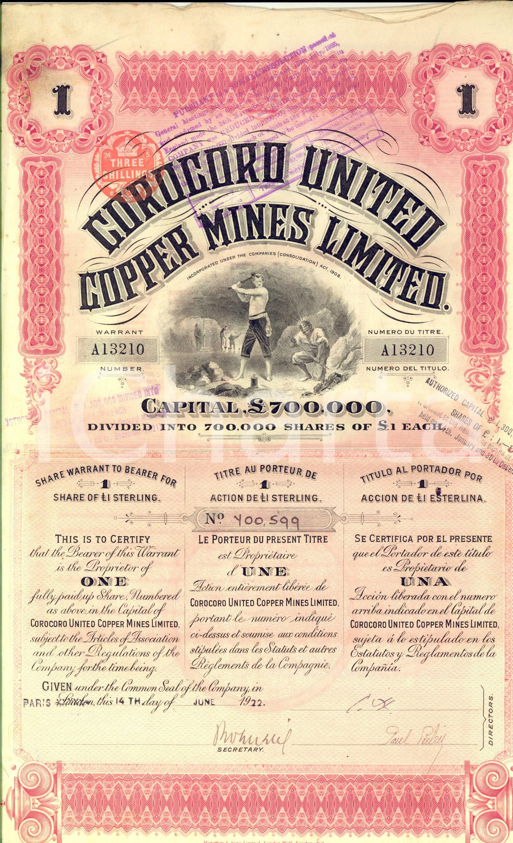 Oggetto da collezione cartaceo 1922 PARIS COROCORO UNITED  COPPER MINES ltd Certificato azionario 1