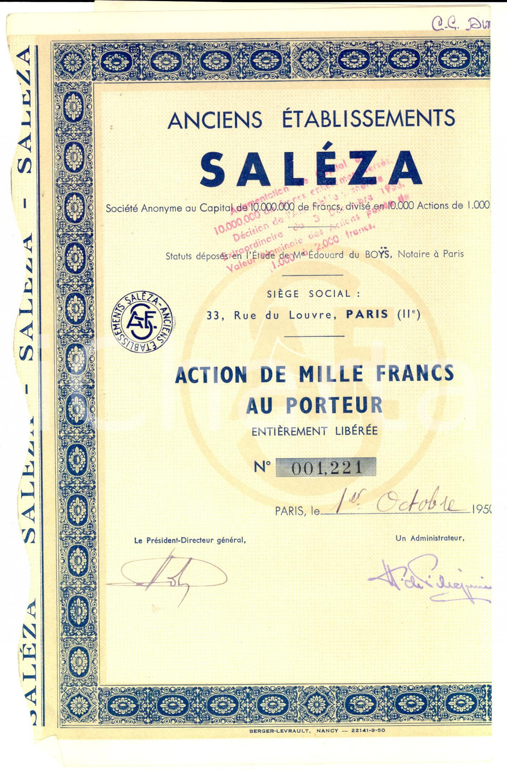 Oggetto da collezione cartaceo 1953 PARIS Anciens Ã©tablissements SALEZA Certificato azionario con cedole 1
