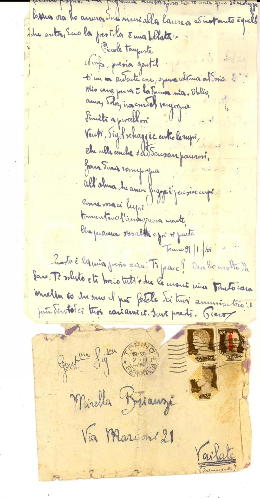 Autografo originale 1944 TORINO Pietro RIGOLA sogna il giornalismo dopo la laurea Autografo 1