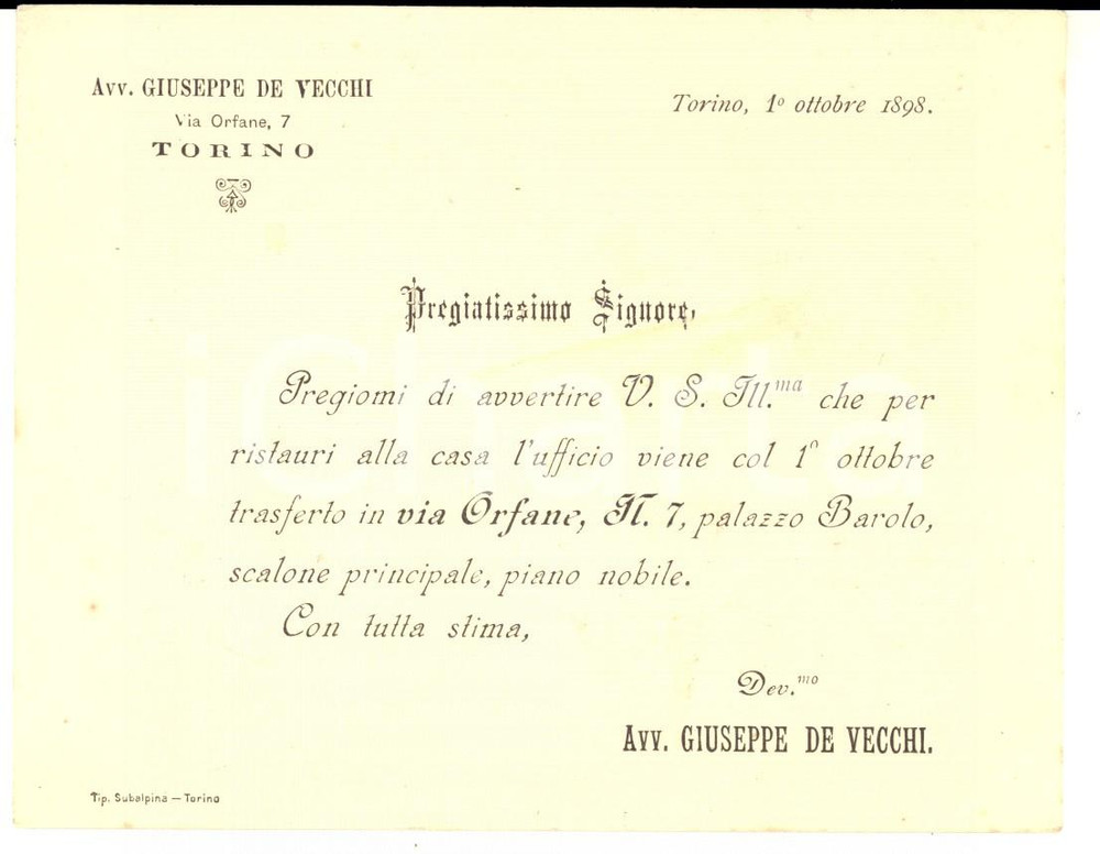 Oggetto da collezione cartaceo 1898 TORINO Avv. Giuseppe DE VECCHI trasferisce lo studio a Palazzo BAROLO 1