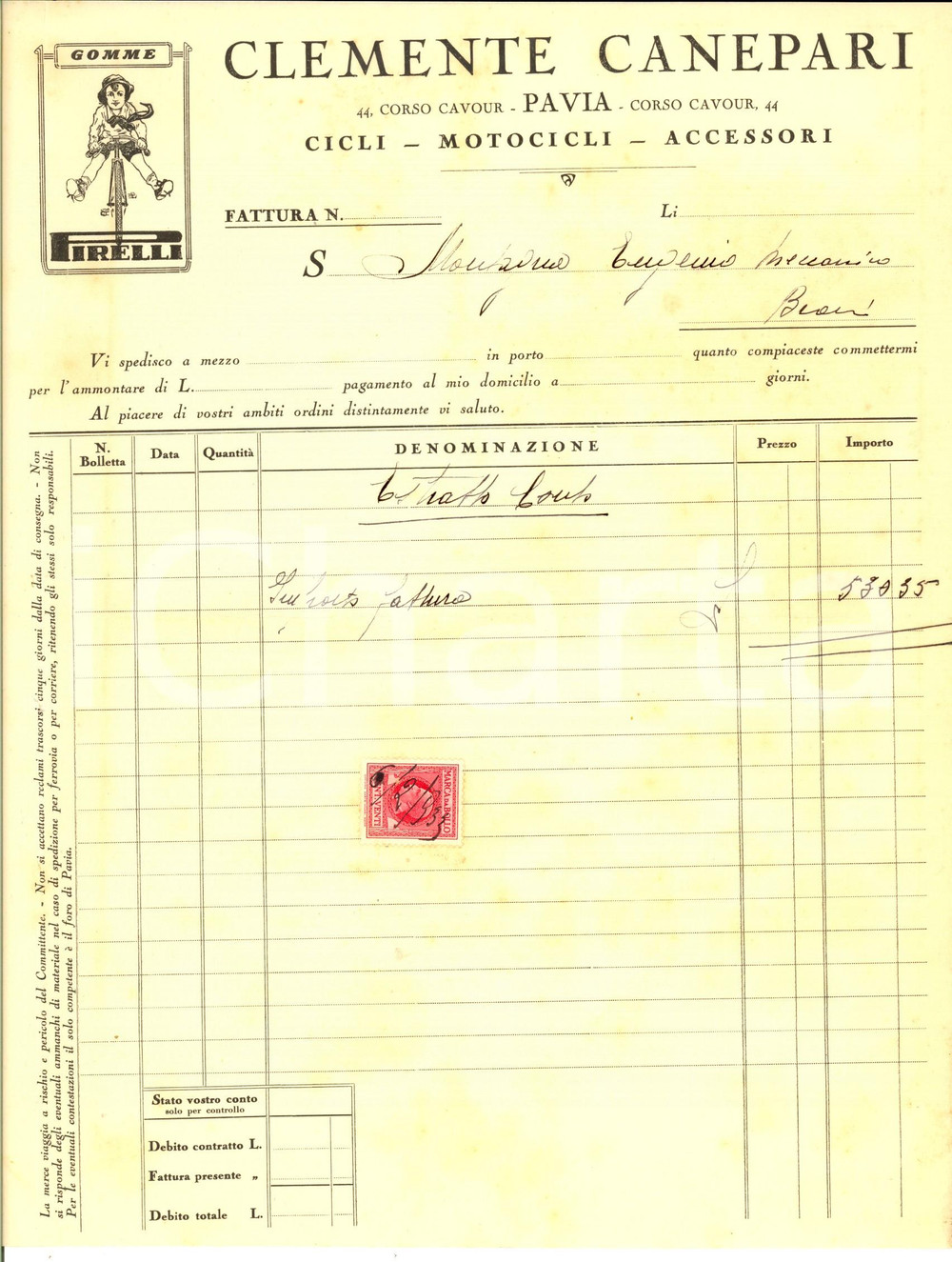 Documento originale, autentico 1933 PAVIA Ditta Clemente CANEPARI  Cicli e motocicli Estratto conto 1