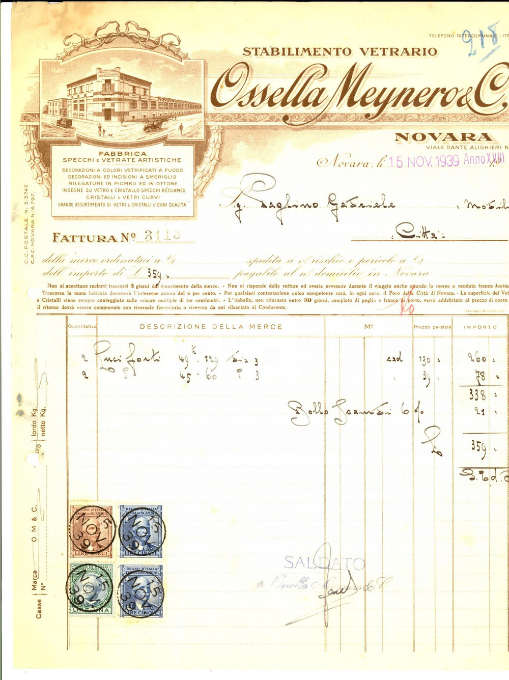 Documento originale, autentico 1939 NOVARA OSSELLA MEYNERO Stabilimento vetrario Fattura carta intestata 1