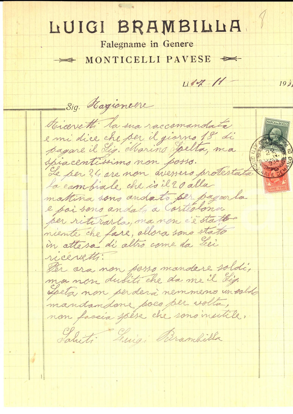 Documento originale, autentico 1933 MONTICELLI PAVESE Falegname Luigi BRAMBILLA su debiti non saldati Lettera 1