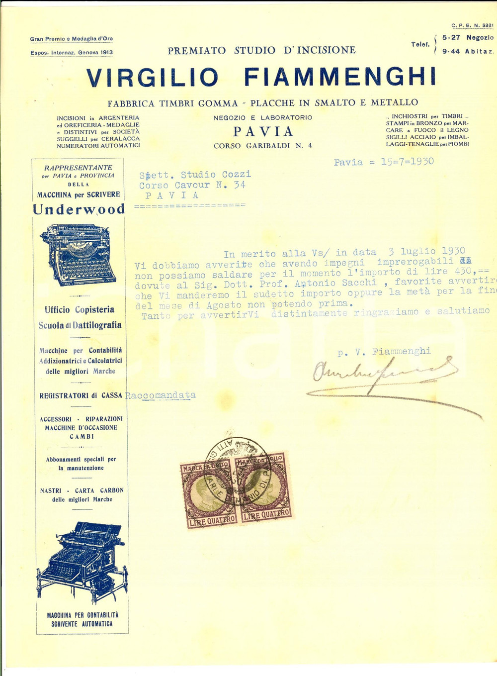 Documento originale, autentico 1930 PAVIA Ditta Virgilio FIAMMENGHI  Fabbrica timbri gomma  Lettera 1