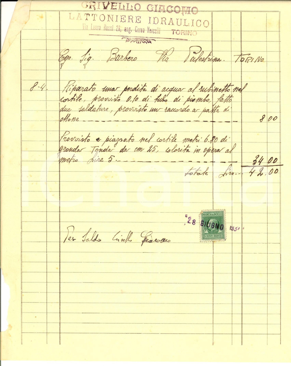 Documento originale, autentico 1934 TORINO Conto di Giacomo CRIVELLO lattoniere idraulico Carta intestata 1