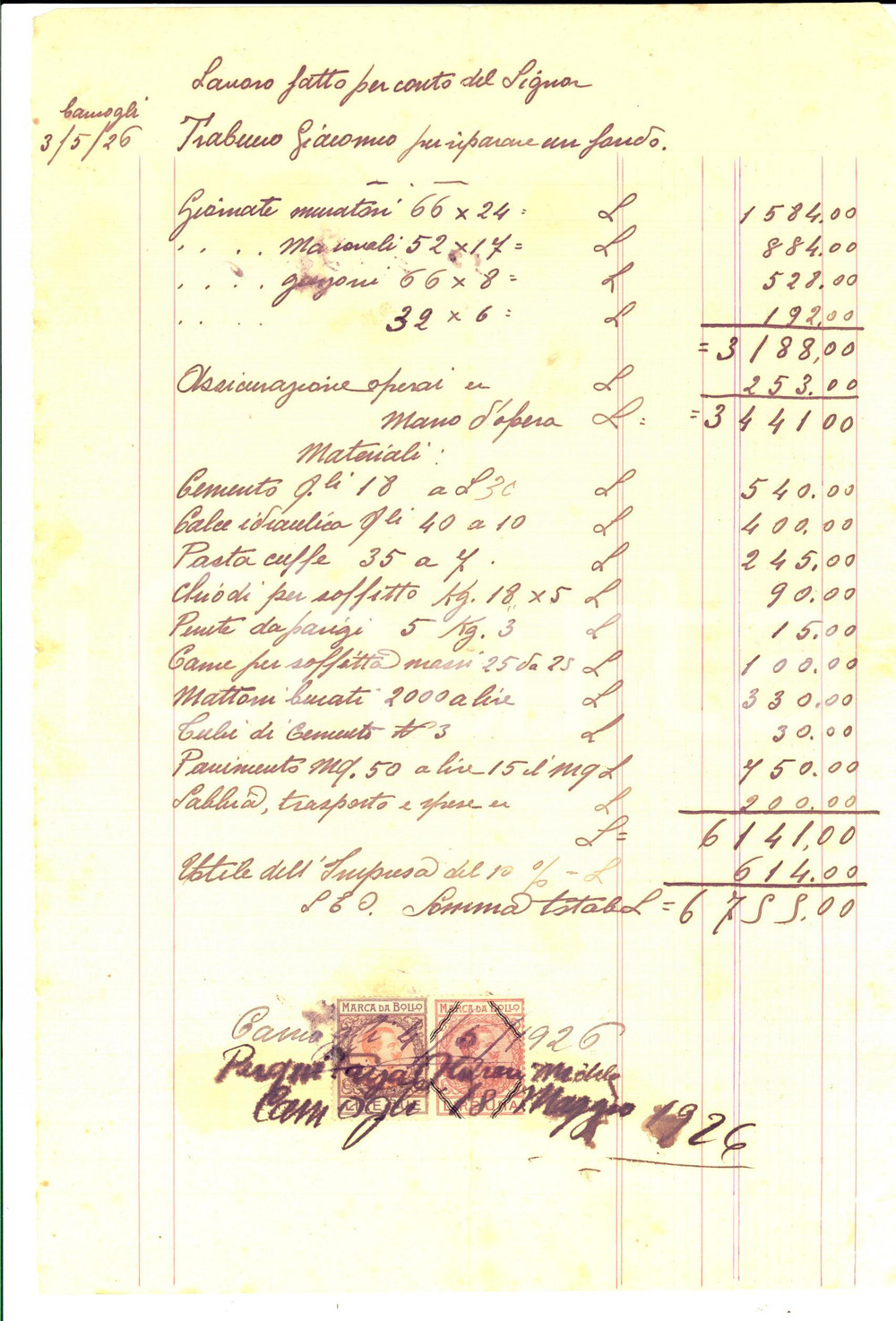 Documento originale, autentico 1926 CAMOGLI GE Lavori ristrutturazione per proprietario Giacomo TRABUCCO 1