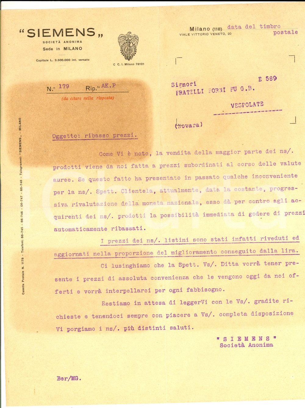 Documento originale, autentico 1940 ca MILANO Ditta SIEMENS Ribasso dei prezzi per il miglioramento della lira 1