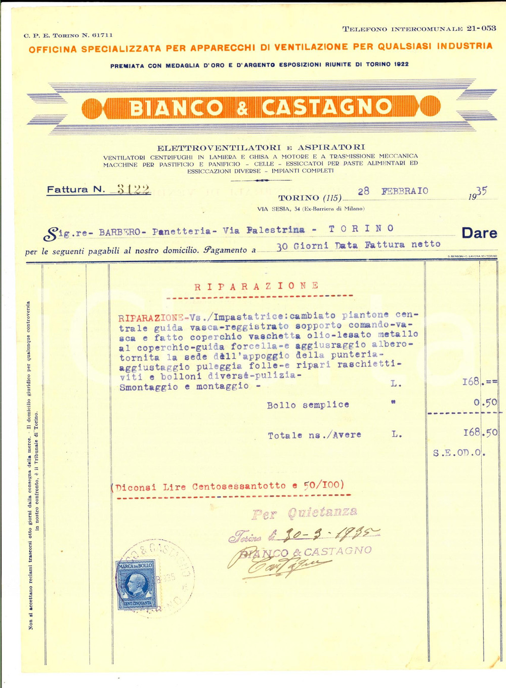 Documento originale, autentico 1935 TORINO Ditta BIANCO & CASTAGNO Apparecchi ventilazione Fattura intestata 1